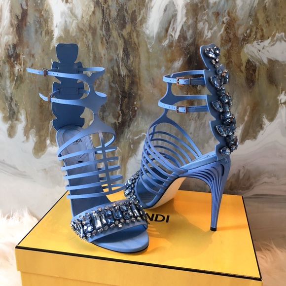 Fendi Blue Crocodile Crystal Embellished Sandals 9 - Picture 2 of 9